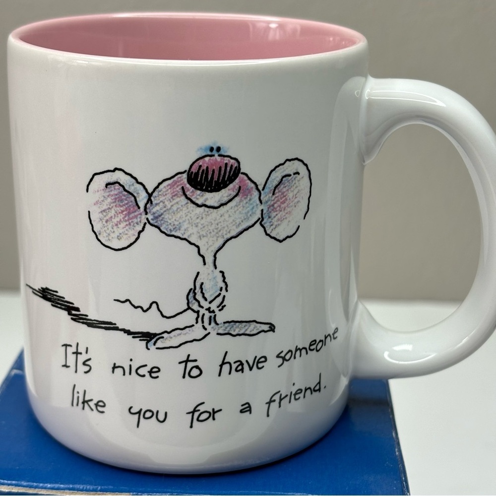 New 80’s Coffee Mug Double Side Graphic Cute Mouse w/ Quote White w/ Pink Inside
